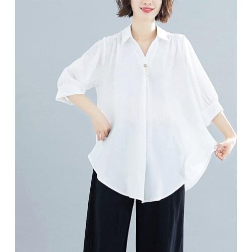 #2828 White Yellow Red Black Plus Size Blouse For Women Half Sleeve Asymmetrical V Neck Cotton And Linen Blouse Female Summer