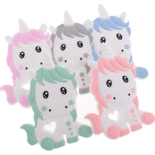 5PCS Silicone Unicorn Baby Teether Food Grade Newborn Cartoon Rodent Teeth Pendant Pacifier Clip Chain Accessories Shower Gifts