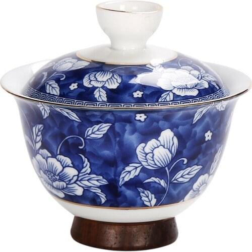 Antique Enamel Gaiwan Vintage Blue and White Plum Flower Tea Tureen Porcelain Coffee Tea Bowl Drinkware Making Black Tea Coffee