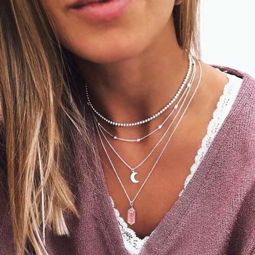 Bohemian Multilayer Beads Chains Pink Crystal Bullet Moon Pendant Necklace for Women Vintage Geometric Necklace Jewelry YN1687