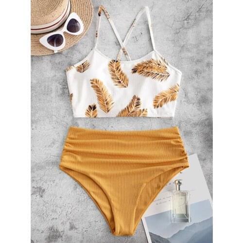 Women Two Piece Leaves Print Split Sets Plus Size Beachwear Swimsuit Bikini