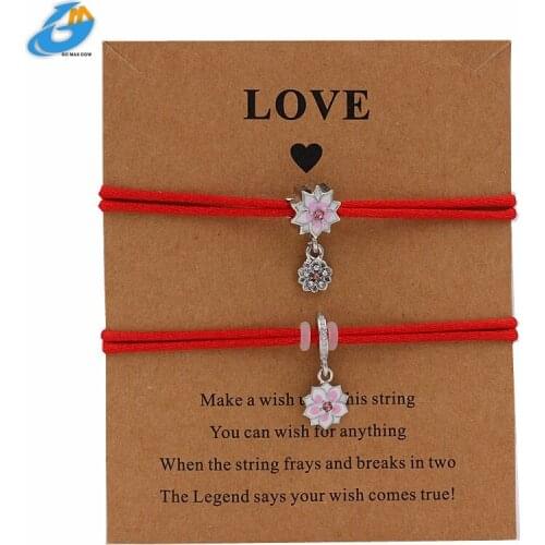 DGW 2pcs Set Peach Blossom Bracelets for Sister Lucky Adjustable Wish Bracelet Gifts for Bestfriend Lovers Rope Chain