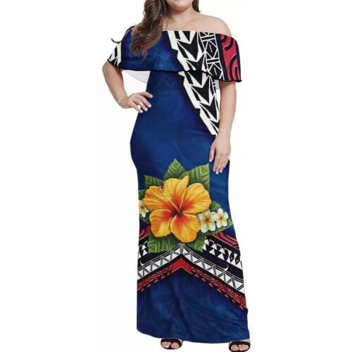 Hycool Factory Price Polynesian Tribe Navy Floral Design Off-Shoulder Dress Comfortable Couple Suit Ladies Sundress Mens Shirt