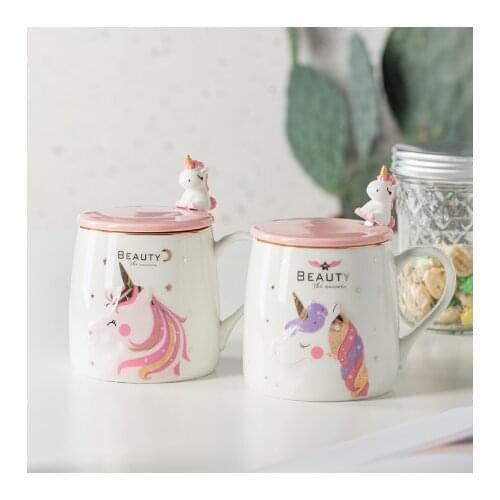 Unicorn Coffee Mug Cute Ceramic Cartoon mug Novelty Print Porcelain Stirring Mug With 3d Unicorn Lid Animal Mug For girl gifts