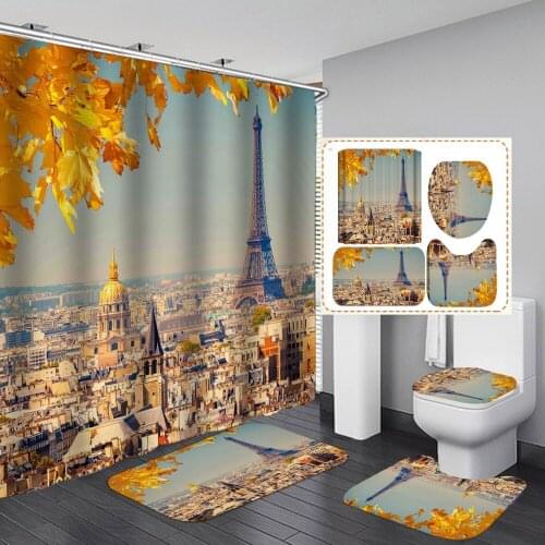 Romatic Paris Landscape Eiffel Tower Printed Shower Curtain Set Non-slip Carpet Toilet Seat Cushion Shower Curtain Set