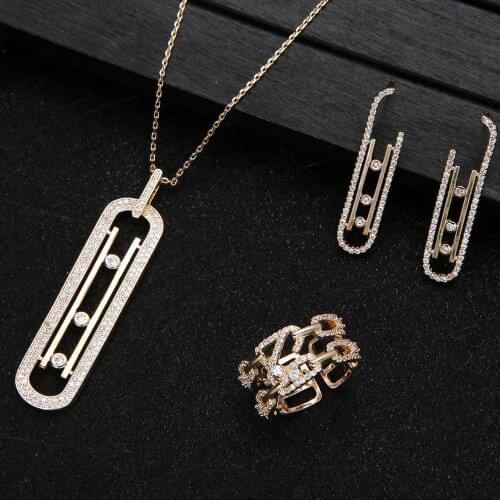 Luxury Geometry Link Stackable Pendant Necklace Earring ring set Beautiful Full Cubic Zircon Charm Women Jewelry Gift e9361