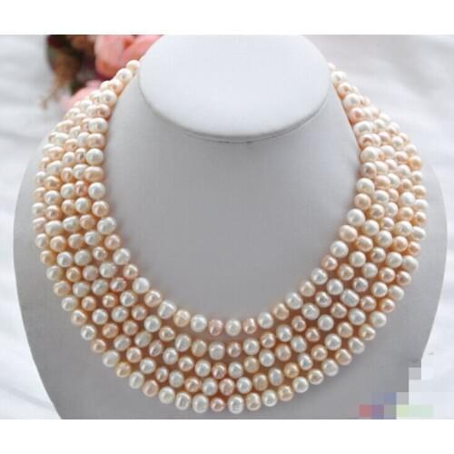 Beautiful 5row 17~19" 8mm round pink white freshwater pearl necklace