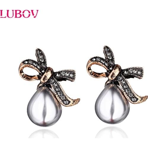 LUBOV Imitation White Pearl Antique Metal Bowknot Stud Earrings Women Vintage Statment Piercing Earrings Gift for Girlfriend