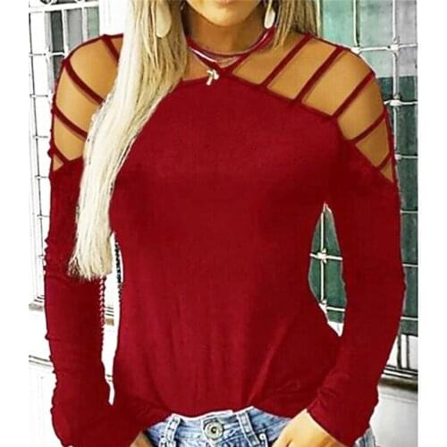 Strap Hollow Out Tshirt Fashion Autumn Winter Women Tops Sexy Casual Solid Color T-shirt Slim Long Sleeve Streetwear For Women