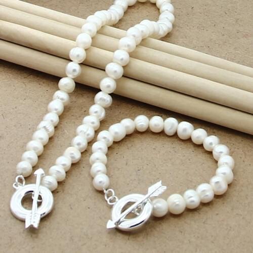 New 8mm Natural Pearl Beaded Chain 925 Silver Arrow Clasp Necklace Bracelet Set For WomenS Wedding Engagement Party Fashion Jew