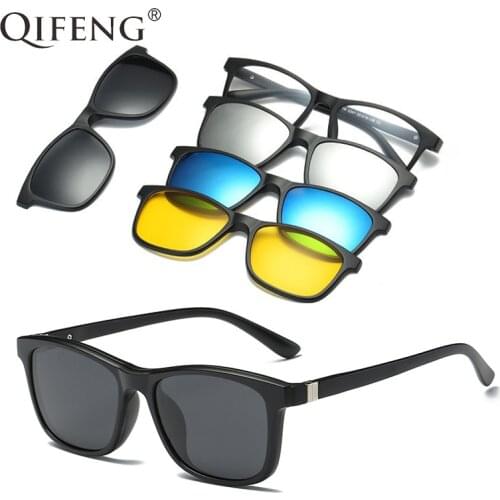 QIFENG Optical Spectacle Frame Eyeglasses Men Women Spring Hinge TR90 With 4 Clip On Sunglasses Polarized Magnetic Glasses QF129