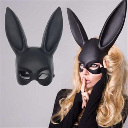 Sexy Cosplay Pvc Rabbit Ears Mask With Long Ears Bondage Mask Black Bunny Face Halloween Masquerade Sex Costume Party Masks