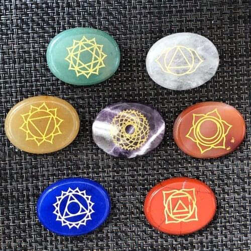 Seven Chakra Engraved Holistic Balancing Polished Reiki Healing Solids Crystal Mens Chakra Symbols Tumbled Palm Stone Set