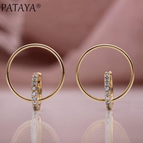 PATAYA New Double Round Cross Unique Earrings 585 Rose Gold Metal Dangle Earrings Natural Zircon Women Wedding Fashion Jewelry