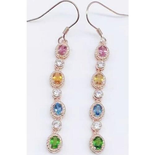 Natural real colorful tourmaline long drop earring 925 sterling silver 3*4mm 0.23ct*8pcs gemstone Fine jewelry X21977