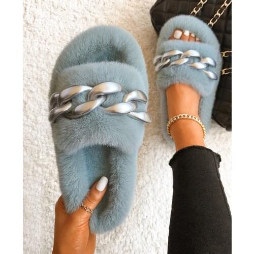 Furry Fur Slides Plush Slippers For Women Silver Chain Fluffy Flip Flops Designer Faux Fur Slippers Sandals Female Home Shoes
