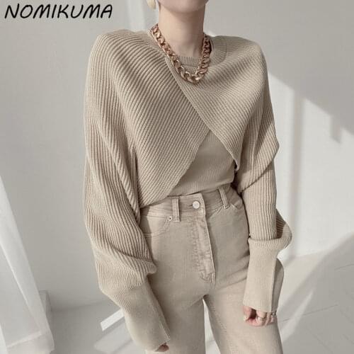 Nomikuma Cropped Sweater Irregular Split Women Pullover Knitwear 2021 New Causal O-neck Korean Lantern Sleeve Knitted Top 6L361