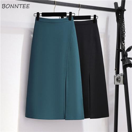 Skirts Women A-line Basic Causal Solid Minimalist Mujer Summer High Waist Popular Female Elegant Side-split Streetwear New Chic