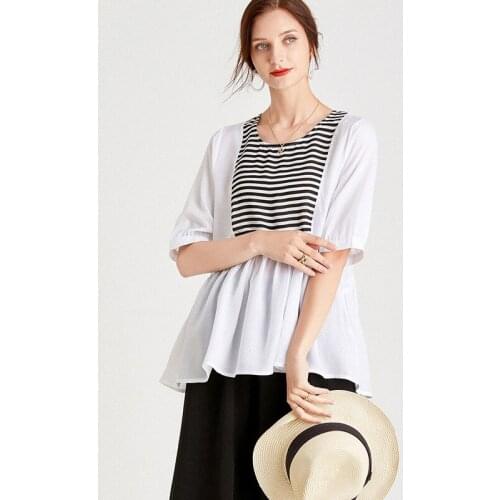 Large Size Women Clothes Tencel Blouses Summer Fashion Loose Casual Cute Striped Patchwork Round Neck Flare Tops Loose Shirts