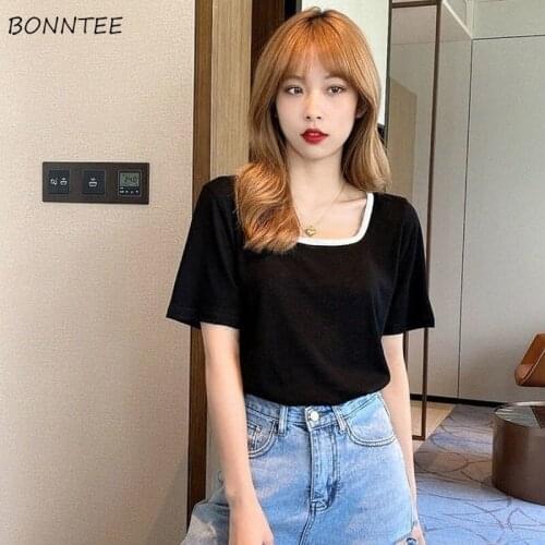 Cropped T-shirts Women Short Sleeve Square Collar Patchwork Sweet Student All-match Ladies Tees Leisure Stylish Minimalist Chic