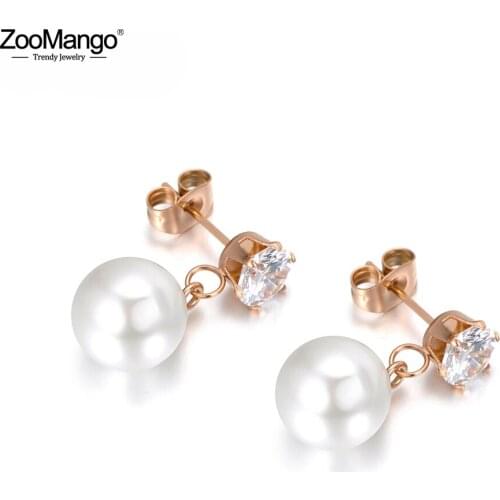 ZooMango Simulated Pearl 6 Claw Crystal Stainless Steel Stud Earrings For Women Jewelry Bijoux Brincos Pendientes Mujer ZE18053