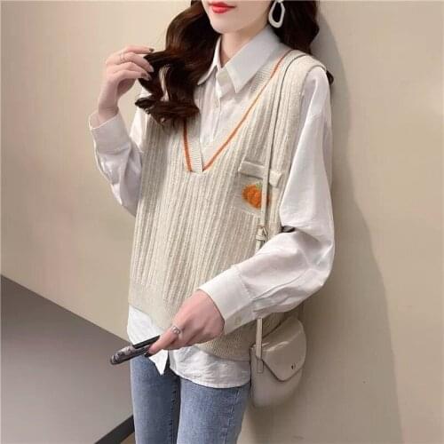 Spring Autumn Loose Pullover V-neck Plit Knit Sleeveless Sweater Womens Korean Knitted Vest Women