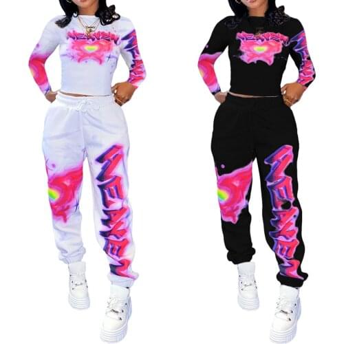 Two Piece Outfits Graffiti Letter Print Joggers Sweat Suits Women Streetwear Fashion Tracksuit 2 Piece Set