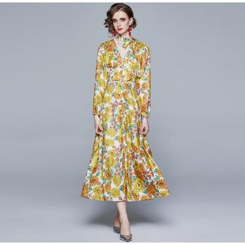 2021 New Fall Summer Fashion Designer Runway Long Dresses Vintage Floral Print V-Neck Puff Sleeve Robe Elgant Party Maxi Dress