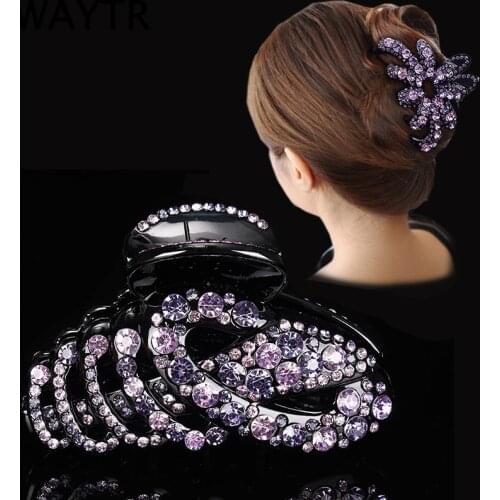 AWAYTR New Women Vintage Hairpin Fish Bone Hollow Crystal Hair Claw Crab Colorful Shiny Rhinestone Hair Clips Hair Jewelry