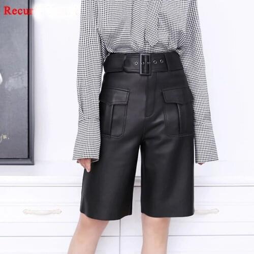 Spring Genuine Leather Pants Women Straight Style High Waist Overalls With Belt Big Pocket Female Oversize White Casual Shorts