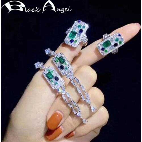 BLACK ANGEL New 100% Handmade 925 Sterling Silver Jewelry Sets Luxury Emerald Gemstone Long Earrings Wedding Adjustable Rings