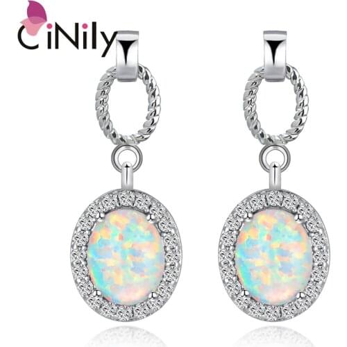 CiNily White Fire Opal Long Earrings Silver Plated Filled Stud Earring With Oval Stone Bohemia Boho Fully-Jewelled Women Girls