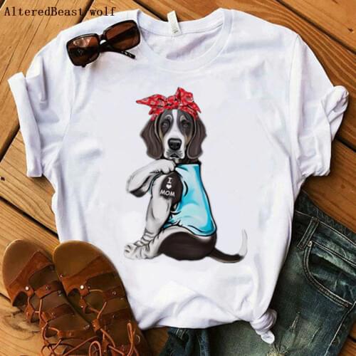 Basset Hound Dog T-shirt Women Harajuku I Love Mom Printed Bandana Short Sleeve Tshirt Summer Graphic Tops Women tees Shirt