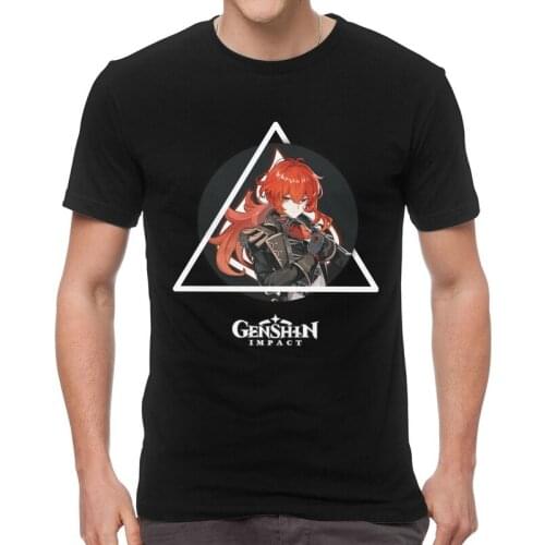 Genshin Impact Diluc Anime T-Shirts Men Graphic T Shirts Short Sleeve Game Tshirt 100% Cotton Tees Top Clothing
