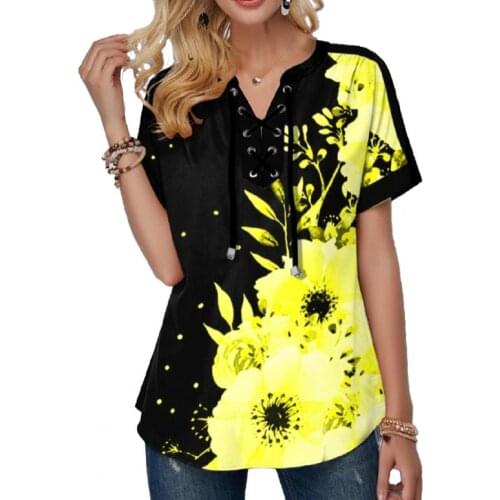 Summer Blouse Printed Lacing Women Short Sleeve V Neck T-shirt for Party t shirt women 2021 fashion Womens Clothing Black xxxl