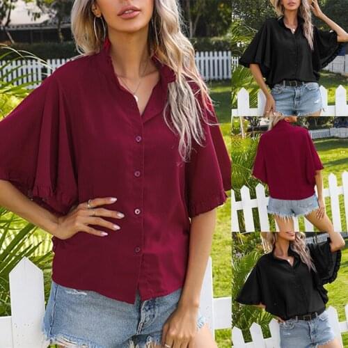 Hot kf-Womens V-Neck Tops Fashion Solid Color Pleated Ruffled Short-Sleeved Button-Down Shirt