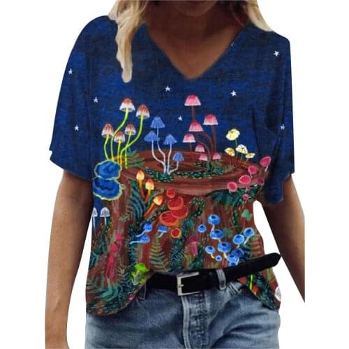 Fashion Womens V-neck Flower Print T-shirt Women Clothing Autumn Winter Short Sleeved Casual Loose T-shirt Dámské Tričko #T1Q