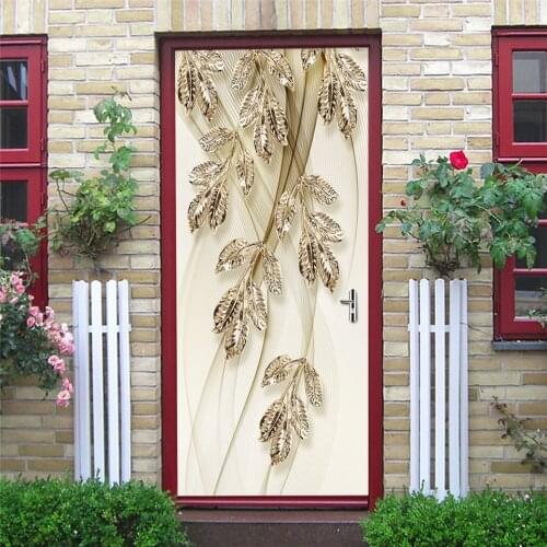 Gold Leaves Door Sticker Self Stick Wallpaper Waterproof Renovation Posters Geometric Wall Decals Home Design наклейка на дверь