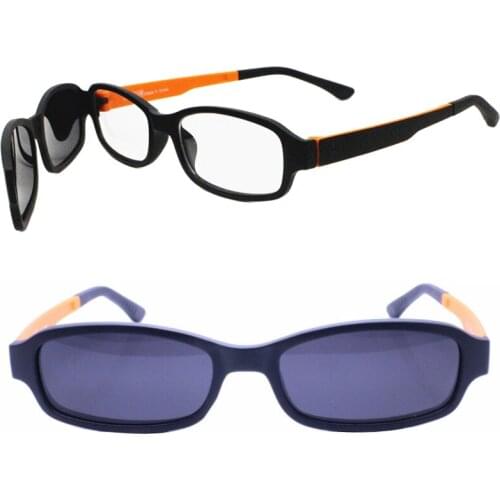 P014 full TR90 rectangle shape dual color prescription eyeglasses with megnatic clip on removable polarized sunglasses lenses