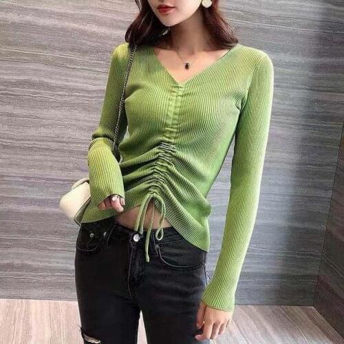 Core spun yarn autumn 2020 new V-neck slim fit versatile long sleeve short sweater drawstring sweater womens top