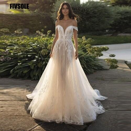 Fivsole Mermaid Tulle Wedding Dresses Deep V-Neck Court Train Appliques Off The Straps Boho Illusion Bridal Gowns Corset Back