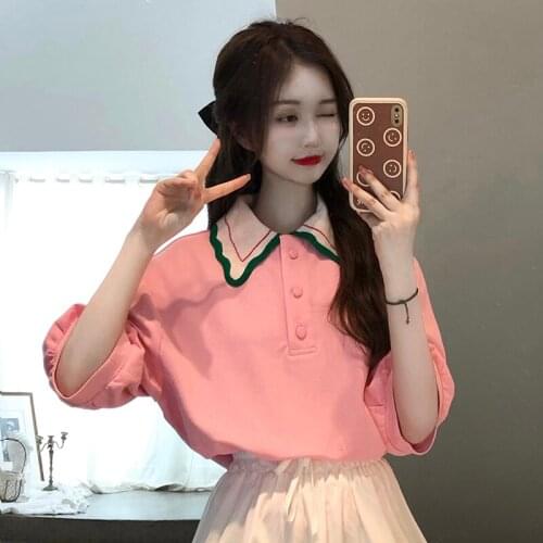 Shirts Contrasting Color Doll Collar Short-sleeved T-shirt Womens Summer New Korean Style Loose and Thin All-match Casual Top