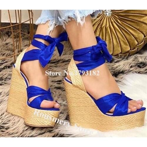 New Fashion Royal Blue Burgundy Satin Cloth High Platform Wedge Sandals Lace-up Bowtie Rope Weaving Wedged Sandals Big Size