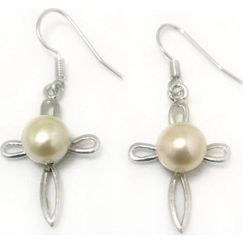 8-9mm Natural White Button Pearl Cross Style Hook Earring