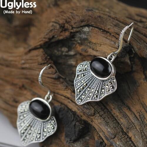 Uglyless Exotic Sector Fan Leaf Earrings for Women Marcasite Vintage Dress Brincos Real 925 Silver Earrings Chalcedony Jewelry