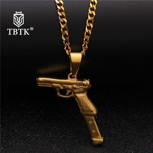 TBTK Wholesale Model With Bullet Clip Metal Retro Style Stainless Steel Realistic Gun Pendant Jewelry Necklace Unisex