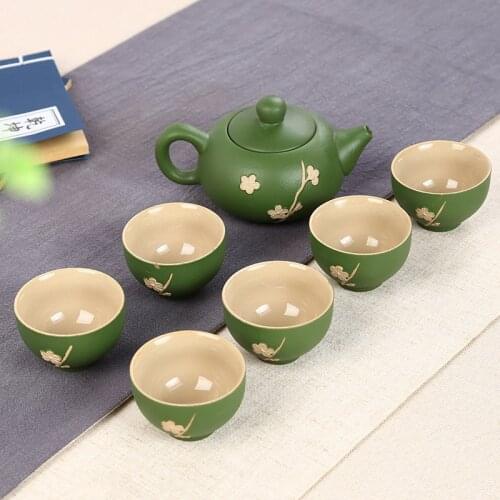 Unique 7pcs Green Pottery Tea Set Ceramic Teapot Porcelain Tea Cups of Chinese Kungfu Tea Ceremony Tea Pot,nice gift collection