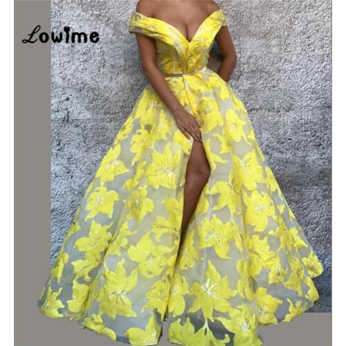 Yellow Deep V Neck Evening Dresses With High Split Side Prom Dresses Long 2019 Abendkleider Off Shoulder Party Gowns Abiye