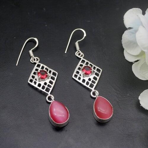 Hermosa Natural PinkJade Garnet Dangle Drop Earrings For Women 2 3/8 Inch A897