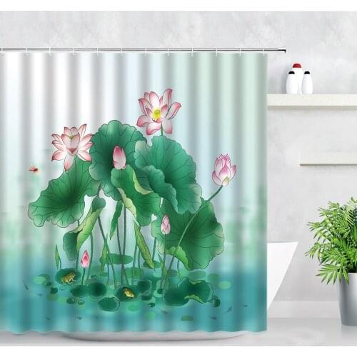 Chinese Style Shower Curtains Pink Lotus Green Leaves Pond Frog Summer Natural Scenery Home Decor Screens Bathroom Curtain Sets